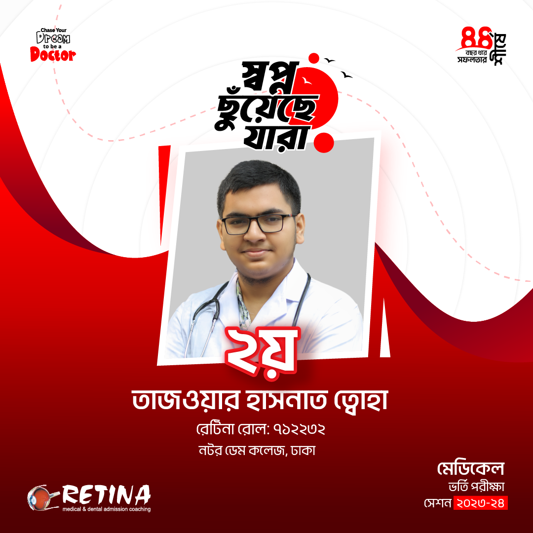 ২০২৩-২৪  সেশনের মেডিকেল ভর্তি পরীক্ষায় জাতীয় মেধায় ২য়, তাজওয়ার হাসনাত ত্বোহা
