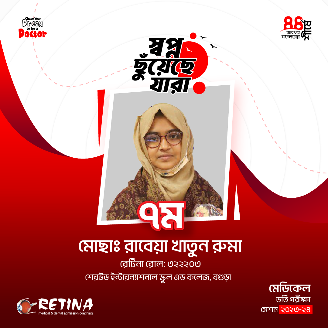 ২০২৩-২৪  সেশনের মেডিকেল ভর্তি পরীক্ষায় জাতীয় মেধায় ৭ম, মোছা: রাবেয়া খাতুন রুমা