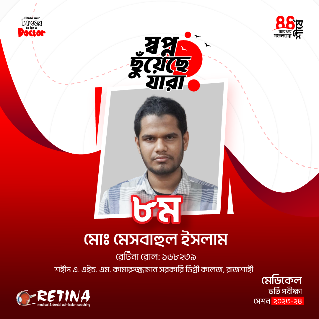 ২০২৩-২৪  সেশনের মেডিকেল ভর্তি পরীক্ষায় জাতীয় মেধায় ৮ম, মো:মেসবাহুল ইসলাম